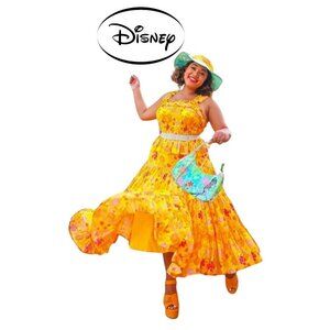 Disney Princess Tiana Yellow Floral Puff Dress Ruffled Tiered Square Neck M